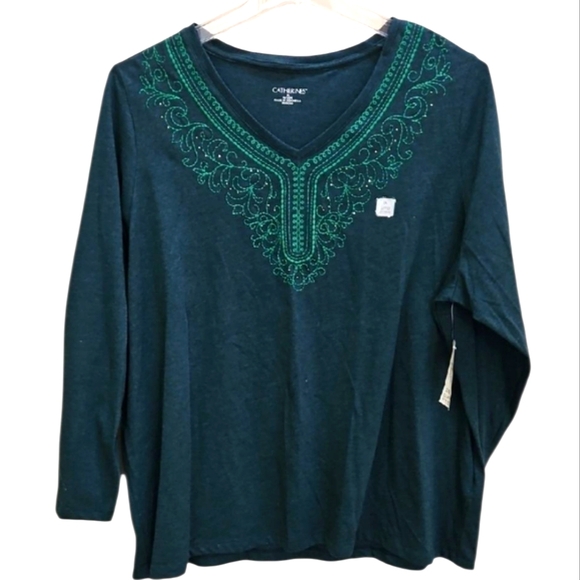 Catherines Tops - Catherines NWT Green Beaded Embroidered Pullover Plus Sz1X